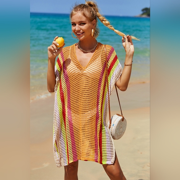 Openwork Striped Slit Knit Cover Up - Picture 1 of 5